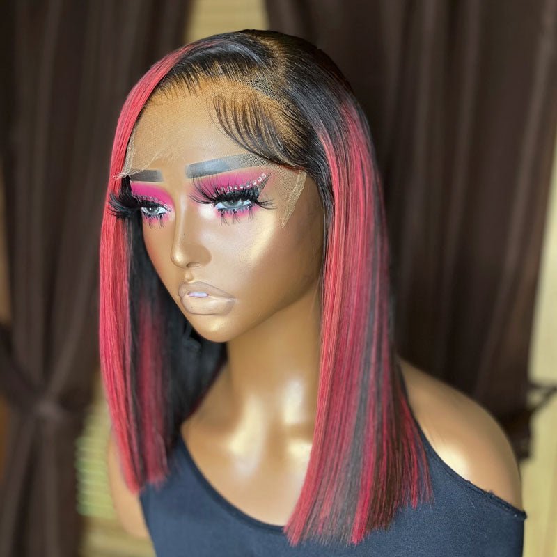 CUSTOM WIG| Pink Highlights Short Bob Wigs Human Hair 13x4 Frontal Wigs Pre Plucked Ready To Wear