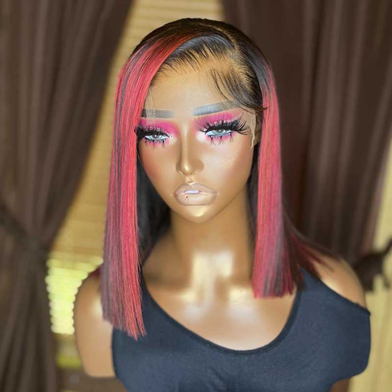 CUSTOM WIG| Pink Highlights Short Bob Wigs Human Hair 13x4 Frontal Wigs Pre Plucked Ready To Wear