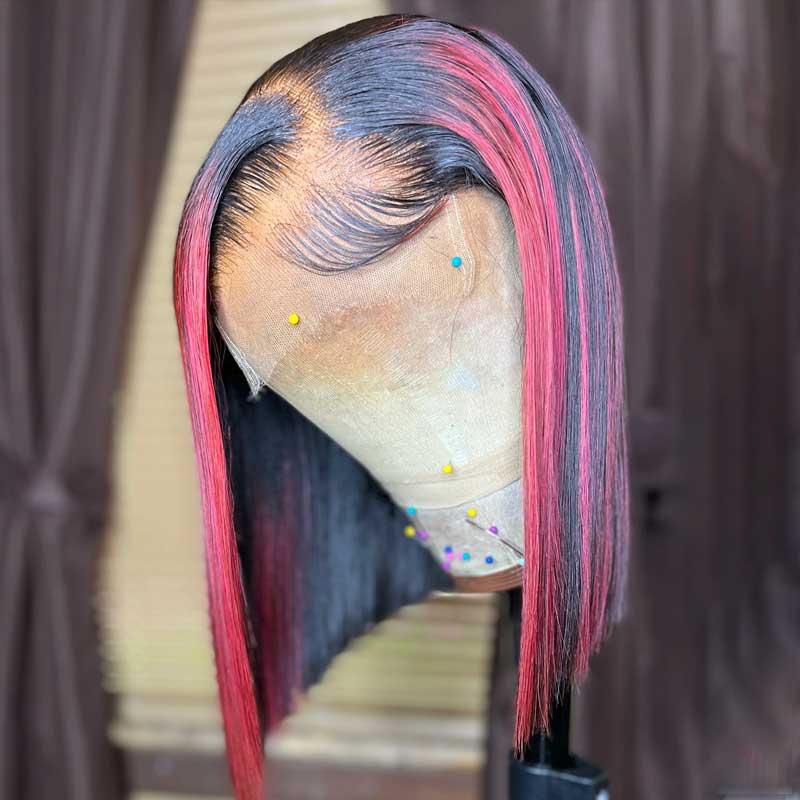 CUSTOM WIG| Pink Highlights Short Bob Wigs Human Hair 13x4 Frontal Wigs Pre Plucked Ready To Wear