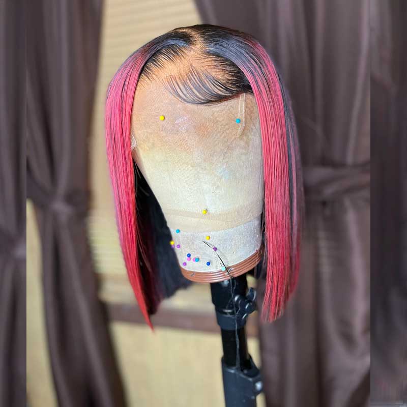 CUSTOM WIG| Pink Highlights Short Bob Wigs Human Hair 13x4 Frontal Wigs Pre Plucked Ready To Wear