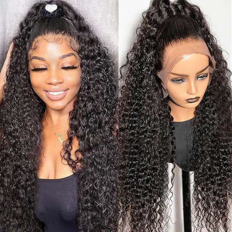 Full Lace Deep Wave Virgin Human Hair Transparent Lace Wigs With Pre Plucked 180% Density