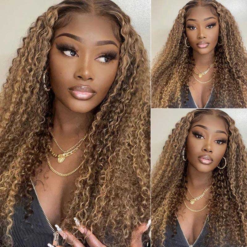 Honey Blond Highlight Piano Color 13*4 Lace Front Wigs Jerry Curly  Wigs With Baby Hair