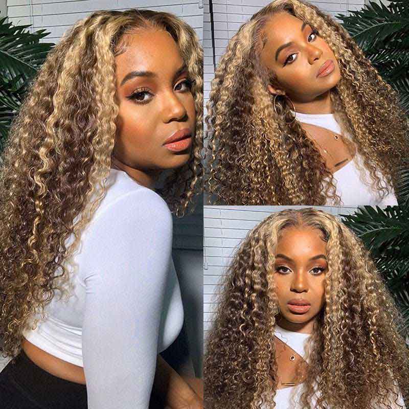 Honey Blond Highlight Piano Color 13*4 Lace Front Wigs Jerry Curly  Wigs With Baby Hair