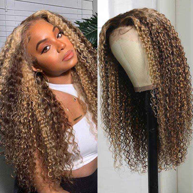 Honey Blond Highlight Piano Color 13*4 Lace Front Wigs Jerry Curly  Wigs With Baby Hair