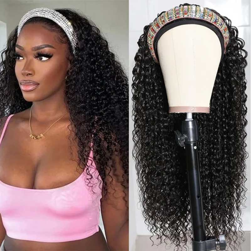 Kinky Curly Wig Headband Wig Glueless Wig 180% Density Human Hair Wigs Brazilian Half Wigs For Black Women