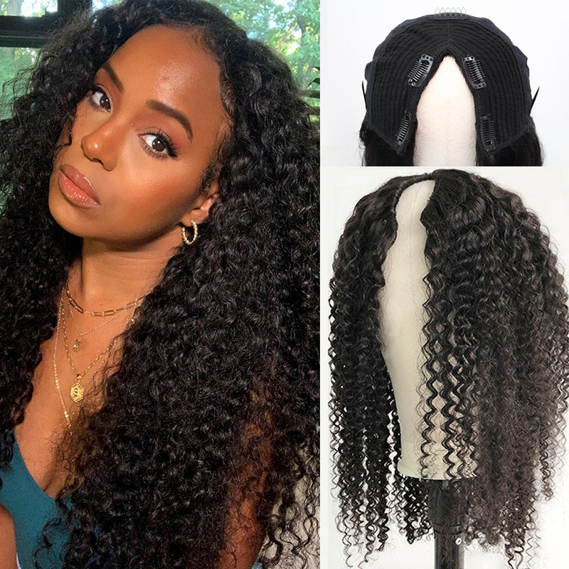 Ulike Upgrade Kinky Curly V Part Wig No Glue No Sew No Gel No Leave Out Needed Human Hair 180 Density Thin Part Wig