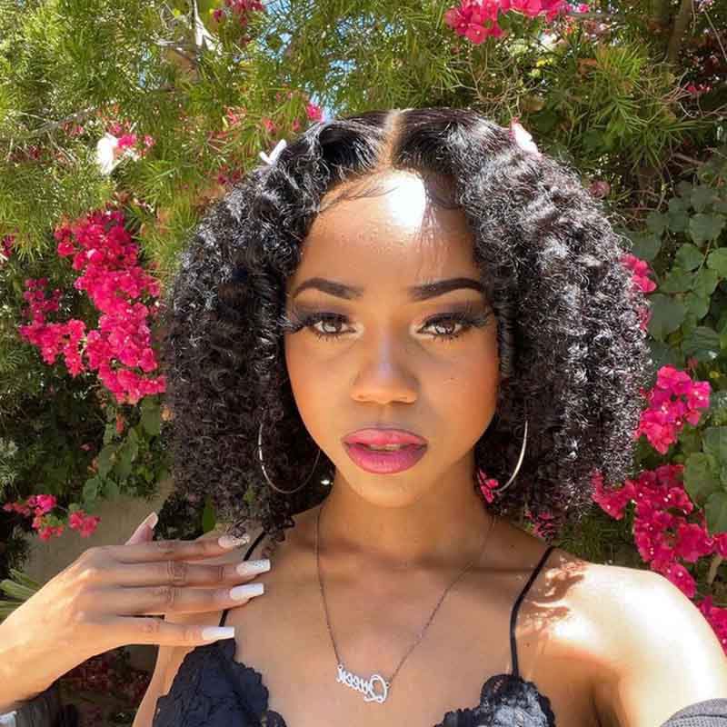 Natural Looking Kinky Curly Glueless Lace Closure BOB Wig Easy To Wear With Elastic Band