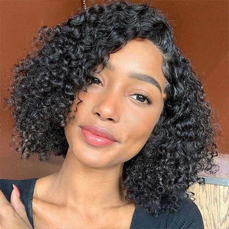 Natural Looking Kinky Curly Glueless Lace Closure BOB Wig Easy To Wear With Elastic Band