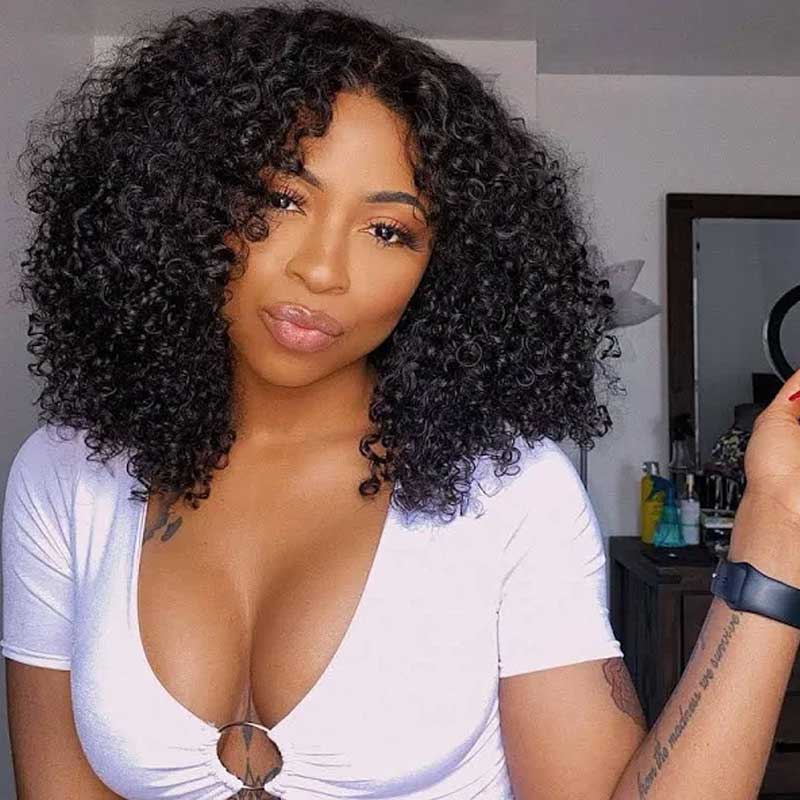 Natural Looking Kinky Curly Glueless Lace Closure BOB Wig Easy To Wear With Elastic Band