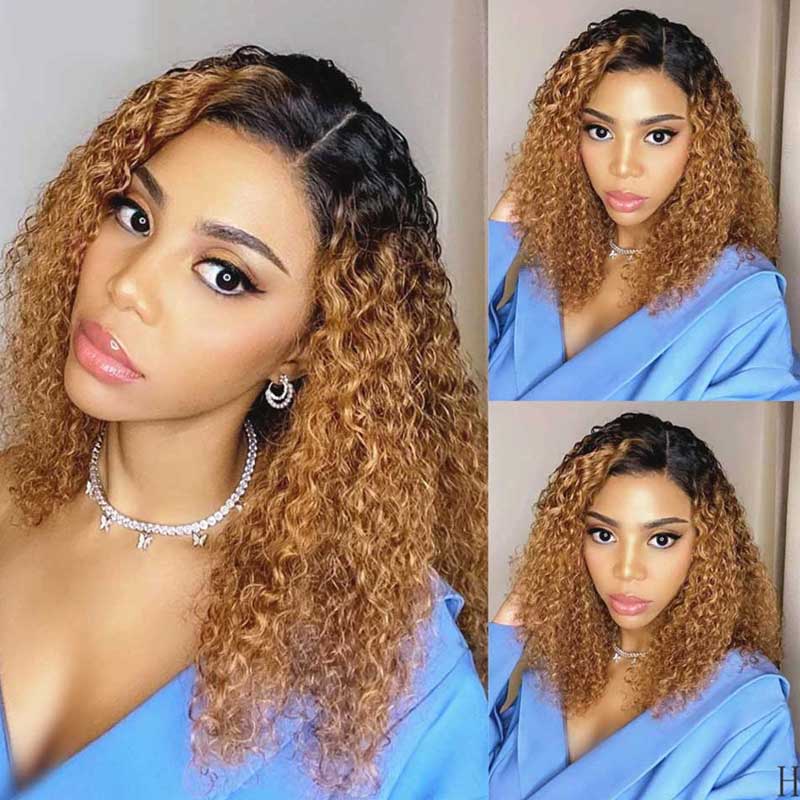 Ombre Honey Blonde Curly Human Hair Lace Front Wigs 200% Density