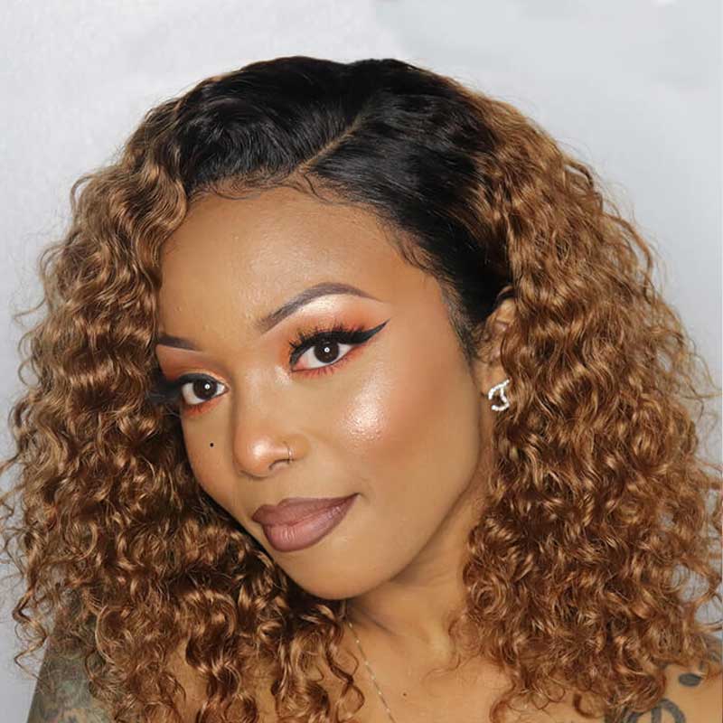 Ombre Honey Blonde Curly Human Hair Lace Front Wigs 200% Density