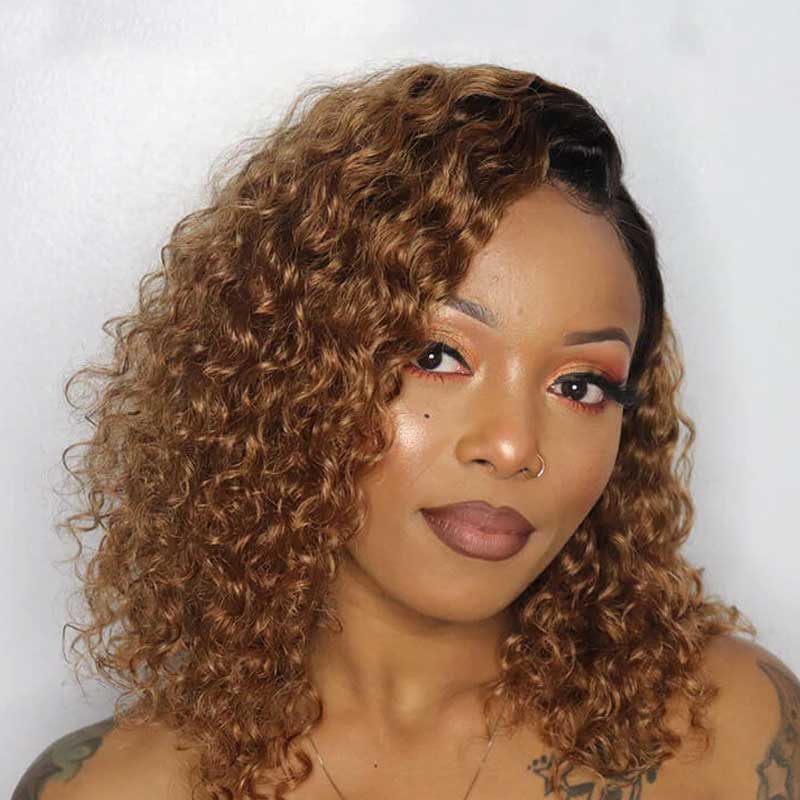 Ombre Honey Blonde Curly Human Hair Lace Front Wigs 200% Density