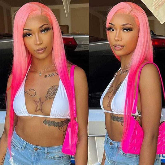 Ombre Pink Lace Front Wig Straight 100% Virgin Human Hair Wigs