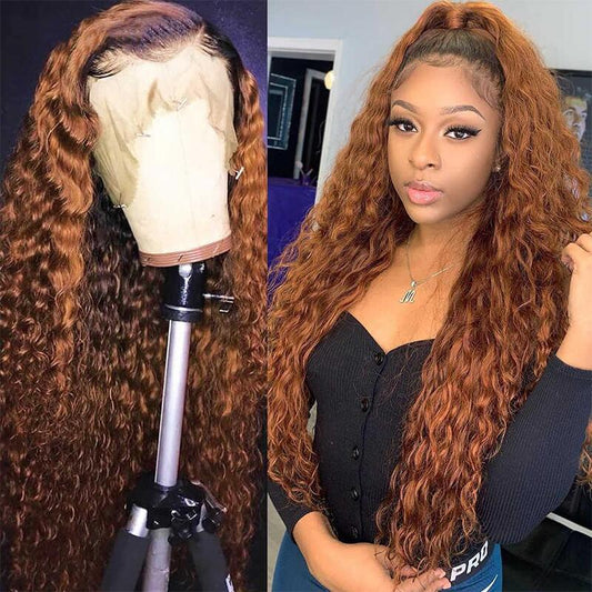 Ombre Ginger Color Water Wave Human Hair Lace Wigs Pre Plucked Copper Color Wig