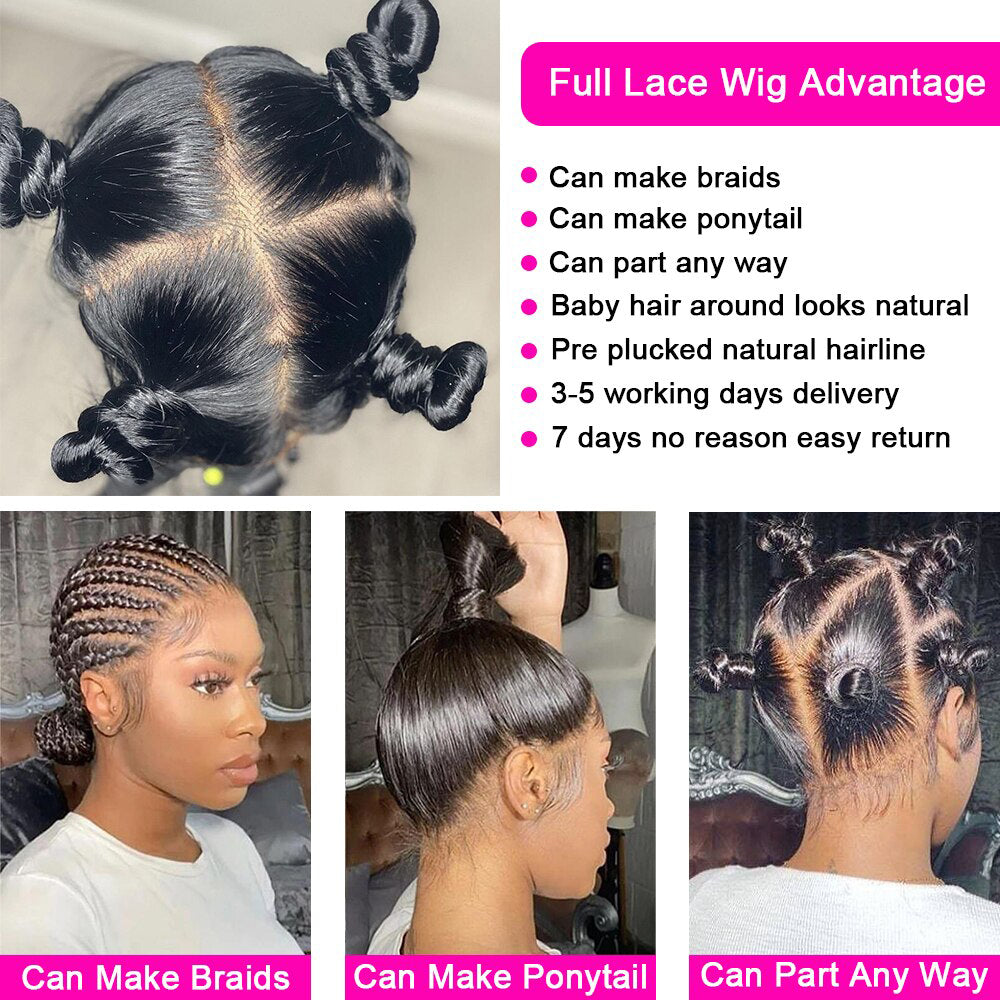 Full Lace Wig Body Wave Virgin Hair Natural Black Pre-Plucked