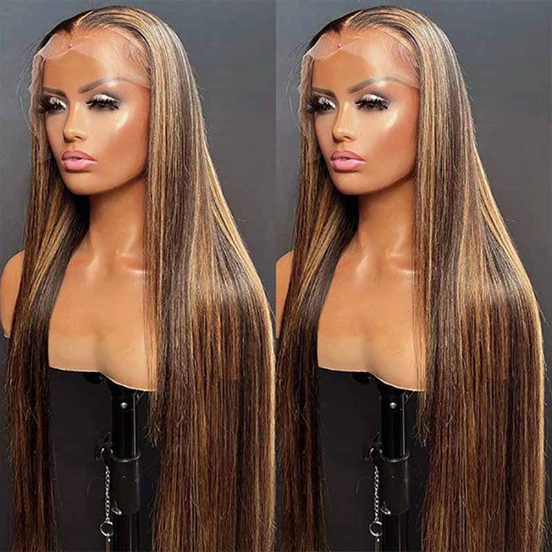 Piano Honey Blonde Highlights Brazilian 13x4 Full Lace Frontal Straight Human Hair Wigs