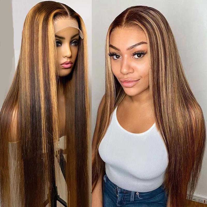 Piano Honey Blonde Highlights Brazilian 13x4 Full Lace Frontal Straight Human Hair Wigs