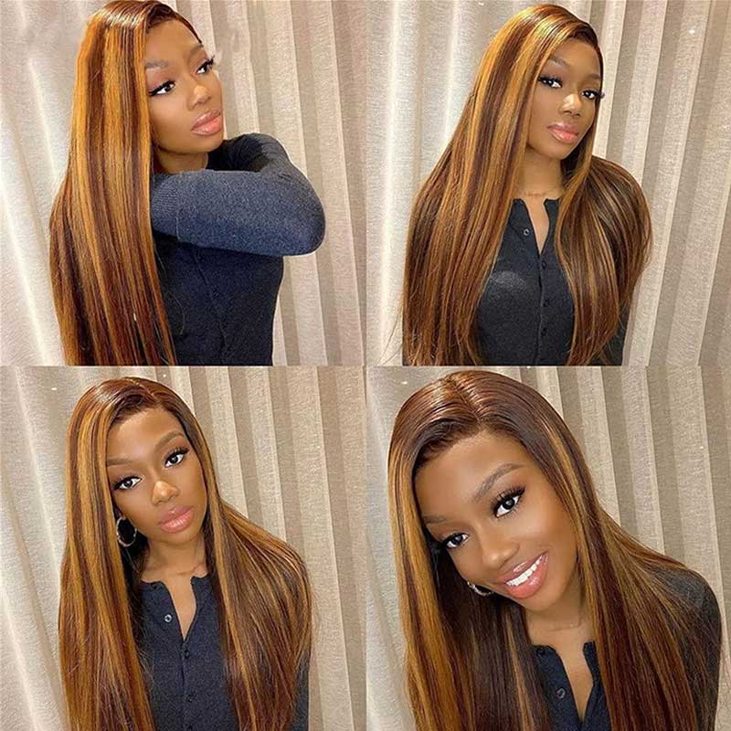 Piano Honey Blonde Highlights Brazilian 13x4 Full Lace Frontal Straight Human Hair Wigs