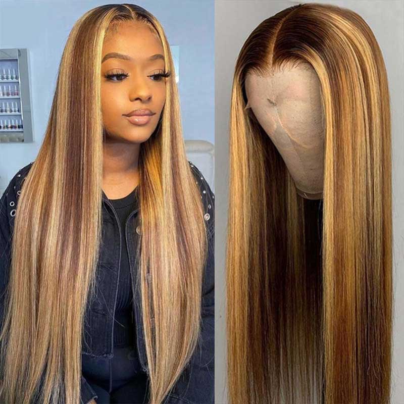 Piano Honey Blonde Highlights Brazilian 13x4 Full Lace Frontal Straight Human Hair Wigs