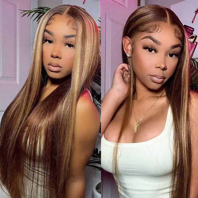 Piano Honey Blonde Highlights Brazilian 13x4 Full Lace Frontal Straight Human Hair Wigs