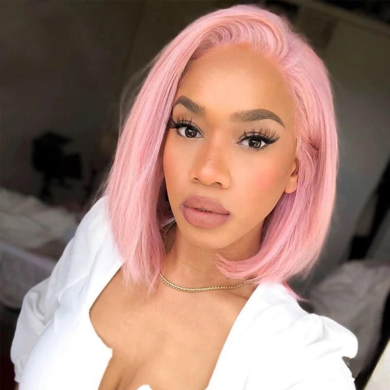 Pink Bob Lace Wigs Pre-plucked Natural Straight Human Hair Wig For Black Women