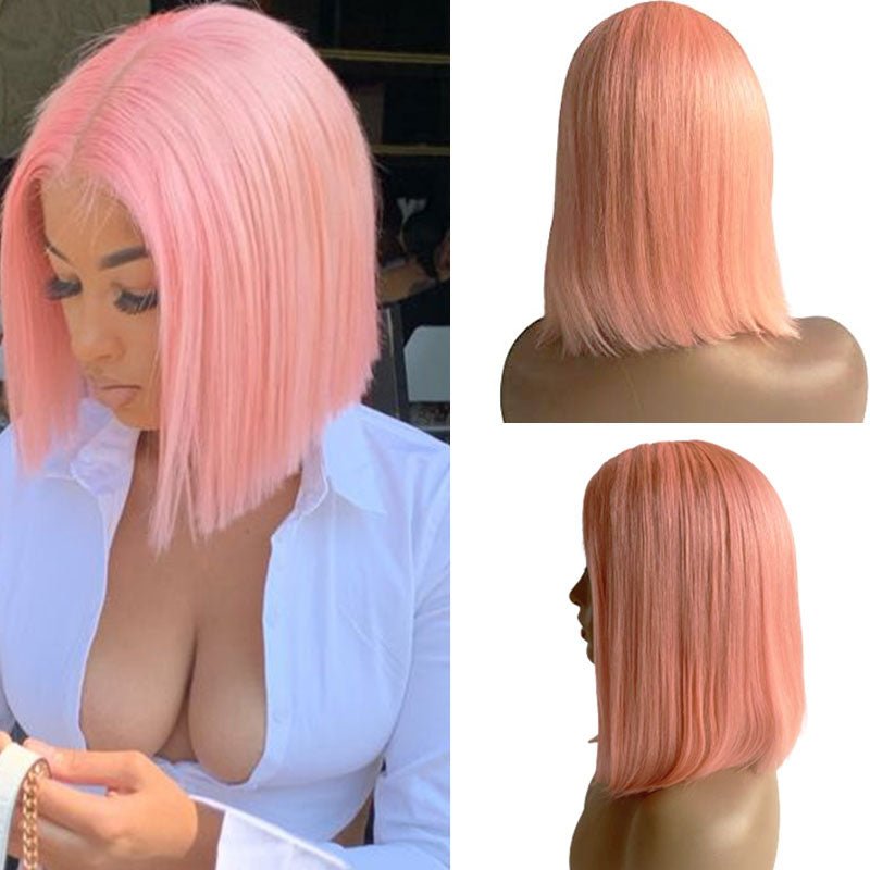 Pink Bob Lace Wigs Pre-plucked Natural Straight Human Hair Wig For Black Women