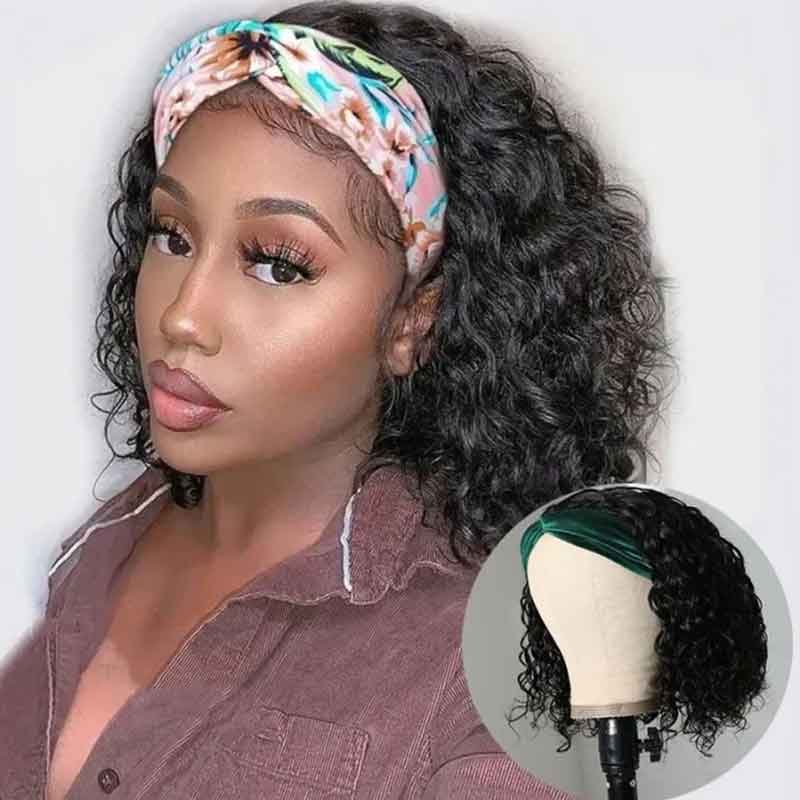 Short Bob Water Wave Wigs Headband Wigs Virgin Human Hair Glueless Affordable Wigs For Beginners