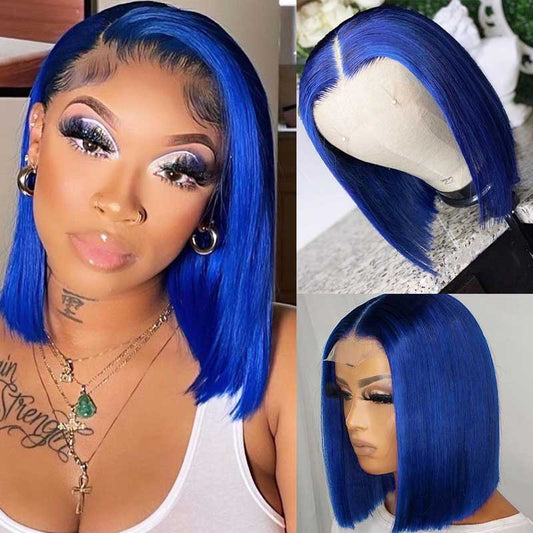 Short Bob Wig Blue Wigs Human Hair Pre Plucked With Baby Hair Straight Brazilian Real Hair Color Bob Wigs For Black Women