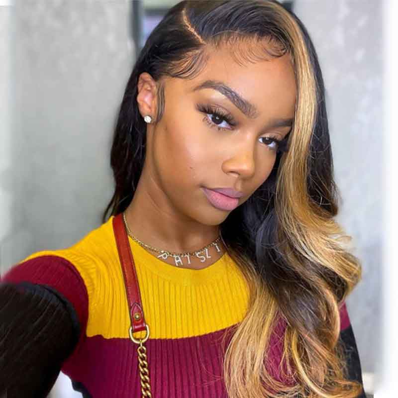 Skunk Stripe Wig With Honey Blonde Highlights Body Wave Human Hair Lace Frontal Wig