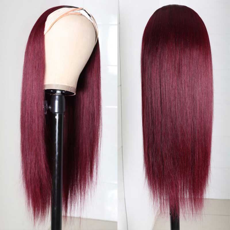 Straight Hair Headband Wigs Color 99J Burgundy Human Hair Glueless Wigs