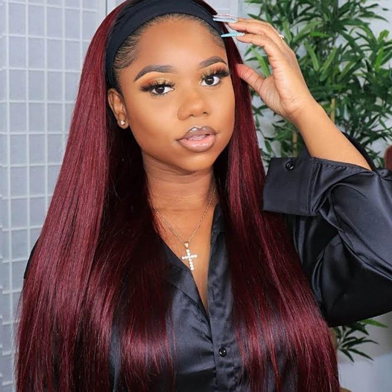 Straight Hair Headband Wigs Color 99J Burgundy Human Hair Glueless Wigs