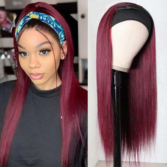 Straight Hair Headband Wigs Color 99J Burgundy Human Hair Glueless Wigs