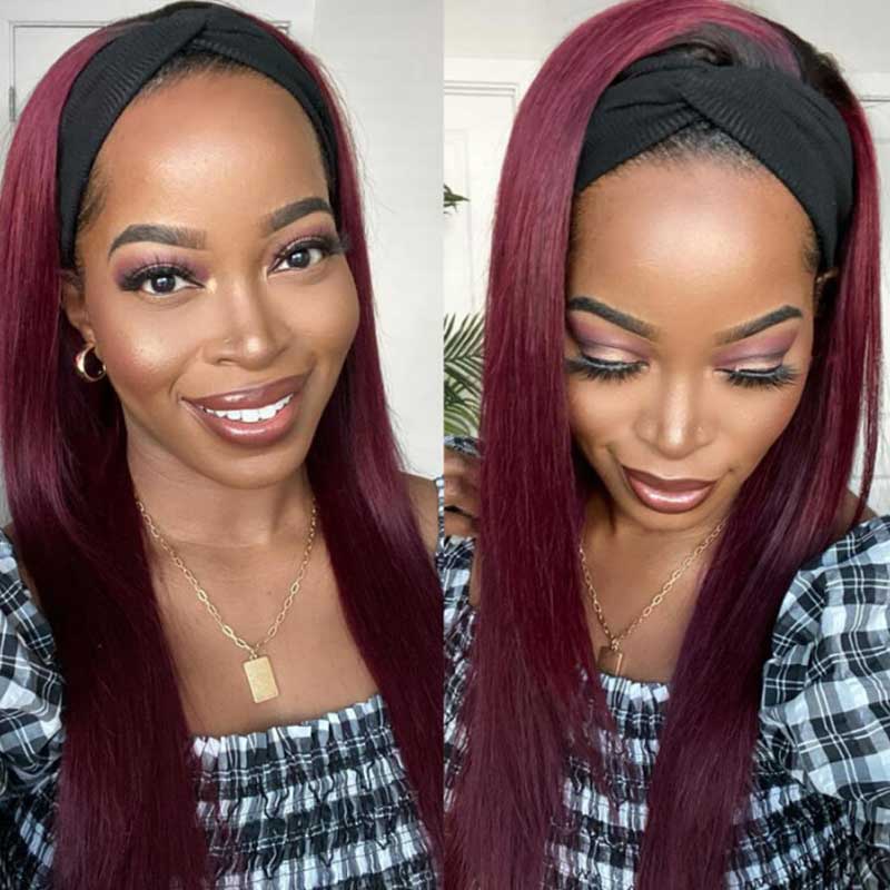 Straight Hair Headband Wigs Color 99J Burgundy Human Hair Glueless Wigs