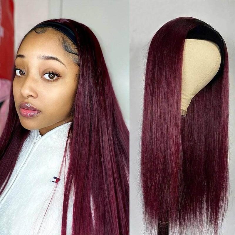 Straight Hair Headband Wigs Color 99J Burgundy Human Hair Glueless Wigs