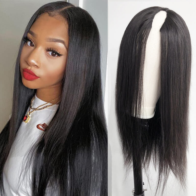 Ulike Beginner Friendly Straight V Part Wig No Glue No Sew No Gel Human Hair Wig 180 Density Thin Part Wig