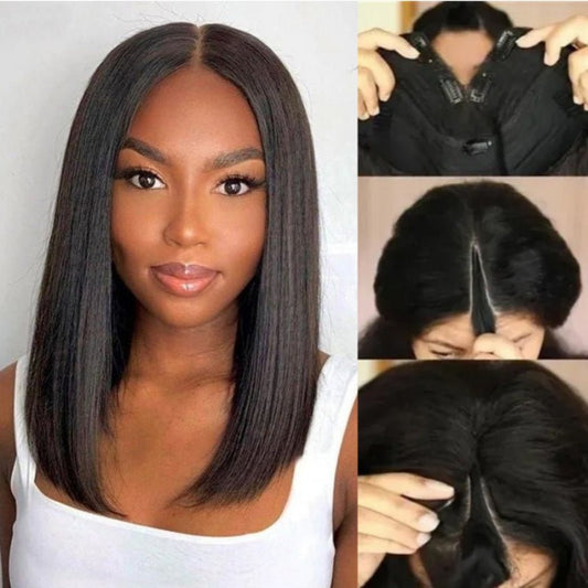 Thin V Part Wig Straight Bob Human Hair Wigs Without Leave Out