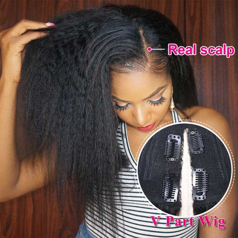 Thin V Part Wigs Glueless Kinky Straight Human Hair V Part Wig No Leave Out