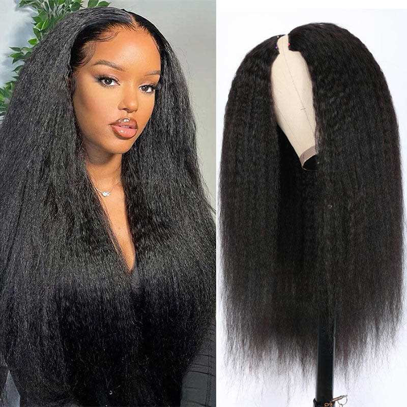 Thin V Part Wigs Glueless Kinky Straight Human Hair V Part Wig No Leave Out