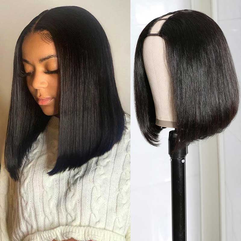 U Part Wig Human Hair 8-14Inch Brazilian Straight Short Bob Wig