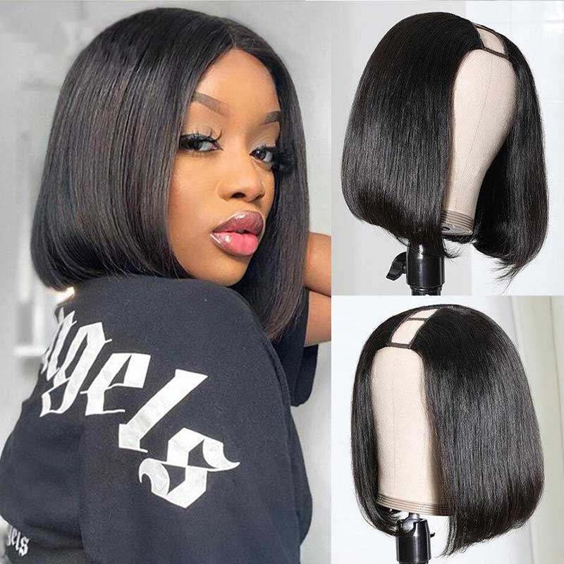 U Part Wig Human Hair 8-14Inch Brazilian Straight Short Bob Wig