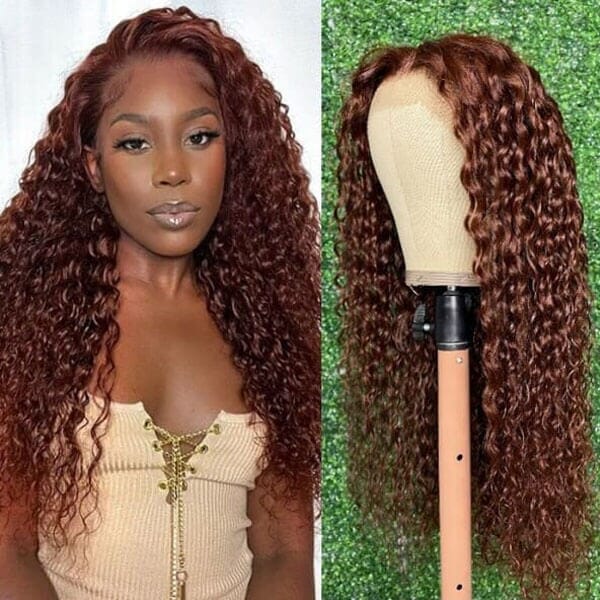 Reddish Brown Hair Color Water Curly Wave 4x4 13x4 Lace Frontal Wigs